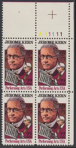 USA Michel 1720 / Scott 2110 postfrisch PLATEBLOCK ECKRAND oben rechts m/ Platten-# A11111 - Darstellende Künste und Künstler: Jerome Kern (1885-1945), Komponist