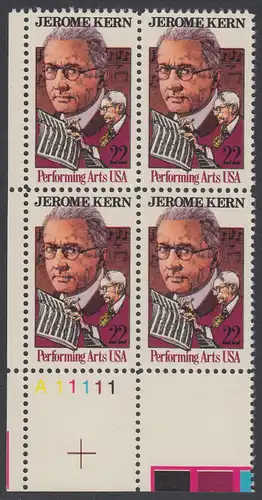 USA Michel 1720 / Scott 2110 postfrisch PLATEBLOCK ECKRAND unten links m/ Platten-# A11111 - Darstellende Künste und Künstler: Jerome Kern (1885-1945), Komponist