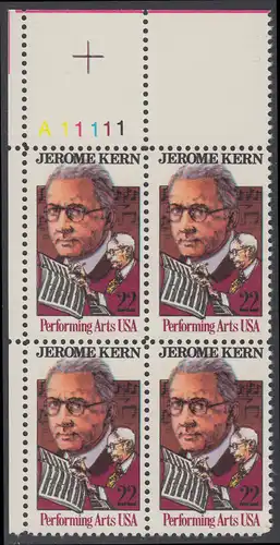 USA Michel 1720 / Scott 2110 postfrisch PLATEBLOCK ECKRAND oben links m/ Platten-# A11111 - Darstellende Künste und Künstler: Jerome Kern (1885-1945), Komponist