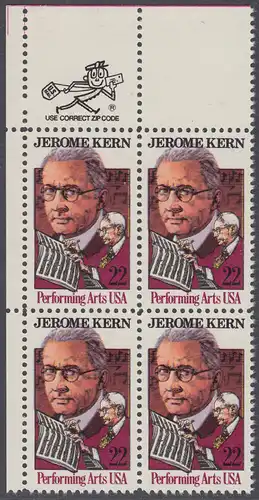 USA Michel 1720 / Scott 2110 postfrisch ZIP-BLOCK (ul) - Darstellende Künste und Künstler: Jerome Kern (1885-1945), Komponist