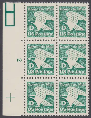 USA Michel 1722A / Scott 2111 postfrisch vert.BLOCK(6) RÄNDER links m/ Platten-# 2 - Adler: Emblem der US-Post