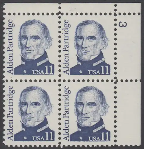 USA Michel 1724 / Scott 1854 postfrisch PLATEBLOCK ECKRAND oben rechts m/ Platten-# 3 - Amerikanische Persönlichkeiten: Alden Partridge (1785-1854), Erziehungsreformer