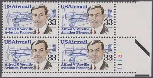 USA Michel 1725 / Scott C113 postfrisch PLATEBLOCK ECKRAND unten rechts m/ Platten-# 12111 (b) - Luftpost: Flugpioniere - Alfred V. Verville (1890-1970); R-3 Rennflugzeug