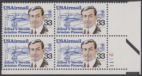 USA Michel 1725 / Scott C113 postfrisch PLATEBLOCK ECKRAND unten rechts m/ Platten-# 12111 (a) - Luftpost: Flugpioniere - Alfred V. Verville (1890-1970); R-3 Rennflugzeug