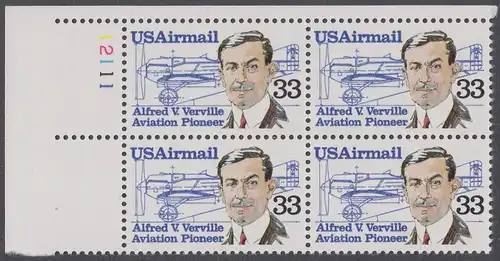 USA Michel 1725 / Scott C113 postfrisch PLATEBLOCK ECKRAND oben links m/ Platten-# 12111 (a) - Luftpost: Flugpioniere - Alfred V. Verville (1890-1970); R-3 Rennflugzeug