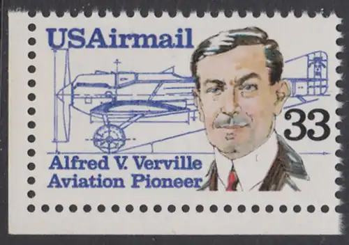 USA Michel 1725 / Scott C113 postfrisch EINZELMARKE ECKRAND unten links - Luftpost: Flugpioniere - Alfred V. Verville (1890-1970); R-3 Rennflugzeug