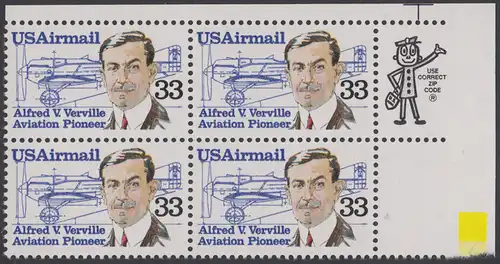 USA Michel 1725 / Scott C113 postfrisch ZIP-BLOCK (ur) - Luftpost: Flugpioniere - Alfred V. Verville (1890-1970); R-3 Rennflugzeug