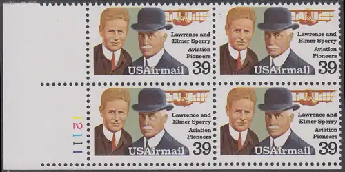 USA Michel 1726 / Scott C114 postfrisch PLATEBLOCK ECKRAND unten links m/ Platten-# 12111 (e) - Luftpost: Flugpioniere - Lawrence (1892-1931) und Elmer Sperry (1860-1930), Flugboot Curtiss F