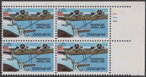 USA Michel 1727 / Scott C115 postfrisch PLATEBLOCK ECKRAND oben rechts m/ Platten-# 1111 - Luftpost: 50 Jahre Flugpostverbindung über den Pazifik