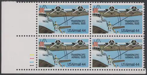 USA Michel 1727 / Scott C115 postfrisch PLATEBLOCK ECKRAND unten links m/ Platten-# 1111 (a) - Luftpost: 50 Jahre Flugpostverbindung über den Pazifik