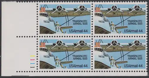 USA Michel 1727 / Scott C115 postfrisch PLATEBLOCK ECKRAND unten links m/ Platten-# 1111 (b) - Luftpost: 50 Jahre Flugpostverbindung über den Pazifik
