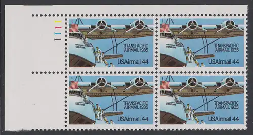 USA Michel 1727 / Scott C115 postfrisch PLATEBLOCK ECKRAND oben links m/ Platten-# 1111 (e) - Luftpost: 50 Jahre Flugpostverbindung über den Pazifik