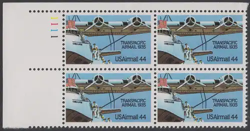 USA Michel 1727 / Scott C115 postfrisch PLATEBLOCK ECKRAND oben links m/ Platten-# 1111 (d) - Luftpost: 50 Jahre Flugpostverbindung über den Pazifik