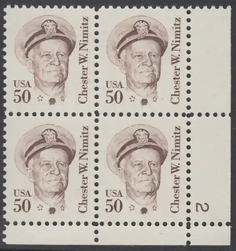 USA Michel 1728 / Scott 1869 postfrisch PLATEBLOCK ECKRAND unten rechts m/ Platten-# 2 - Amerikanische Persönlichkeiten: Chester W. Nimitz (1885-1966), Admiral