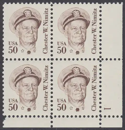 USA Michel 1728 / Scott 1869 postfrisch PLATEBLOCK ECKRAND unten rechts m/ Platten-# 1 (b) - Amerikanische Persönlichkeiten: Chester W. Nimitz (1885-1966), Admiral