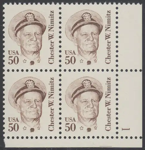 USA Michel 1728 / Scott 1869 postfrisch PLATEBLOCK ECKRAND unten rechts m/ Platten-# 1 (a) - Amerikanische Persönlichkeiten: Chester W. Nimitz (1885-1966), Admiral