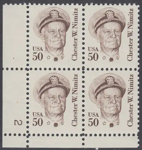 USA Michel 1728 / Scott 1869 postfrisch PLATEBLOCK ECKRAND unten links m/ Platten-# 2 - Amerikanische Persönlichkeiten: Chester W. Nimitz (1885-1966), Admiral