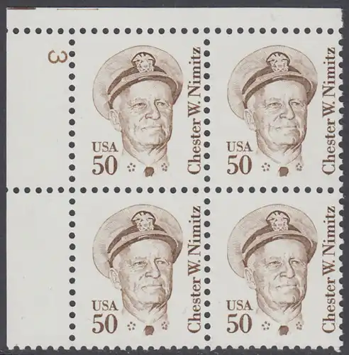 USA Michel 1728 / Scott 1869 postfrisch PLATEBLOCK ECKRAND oben links m/ Platten-# 3 - Amerikanische Persönlichkeiten: Chester W. Nimitz (1885-1966), Admiral