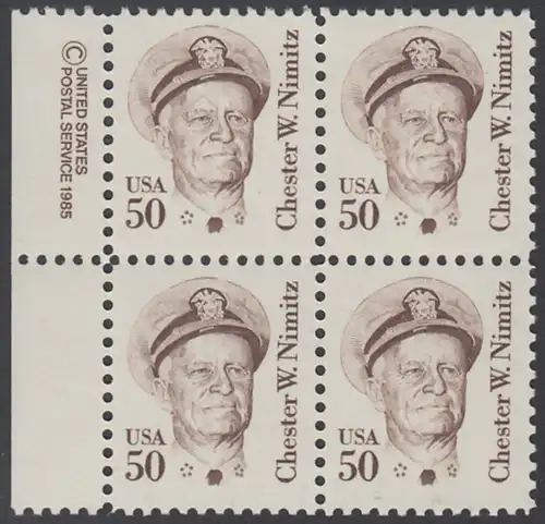 USA Michel 1728 / Scott 1869 postfrisch BLOCK RÄNDER links m/ copyright symbol - Amerikanische Persönlichkeiten: Chester W. Nimitz (1885-1966), Admiral