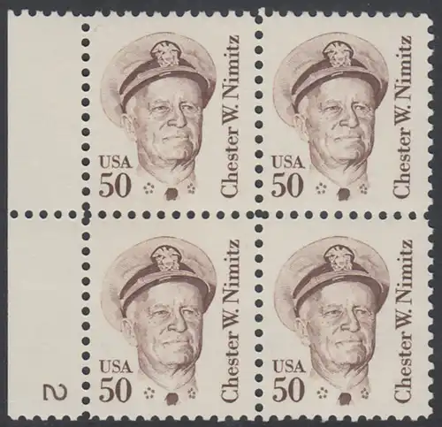 USA Michel 1728 / Scott 1869 postfrisch BLOCK RÄNDER links m/ Platten-# 2 - Amerikanische Persönlichkeiten: Chester W. Nimitz (1885-1966), Admiral