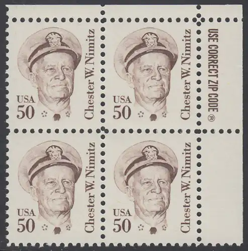 USA Michel 1728 / Scott 1869 postfrisch ZIP-BLOCK (ur) - Amerikanische Persönlichkeiten: Chester W. Nimitz (1885-1966), Admiral
