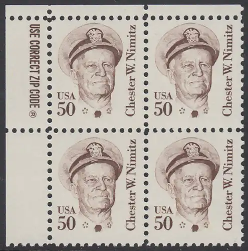 USA Michel 1728 / Scott 1869 postfrisch ZIP-BLOCK (ul) - Amerikanische Persönlichkeiten: Chester W. Nimitz (1885-1966), Admiral