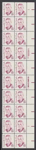 USA Michel 1730 / Scott 1867 postfrisch vert.PLATEBLOCK(20) RÄNDER rechts m/ Platten-# 1 - Amerikanische Persönlichkeiten: Grenville Clark (1885-1967), Jurist