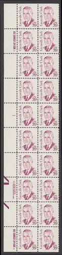 USA Michel 1730 / Scott 1867 postfrisch vert.PLATEBLOCK(20) RÄNDER links m/ Platten-# 1 (oben ungezähnt) - Amerikanische Persönlichkeiten: Grenville Clark (1885-1967), Jurist