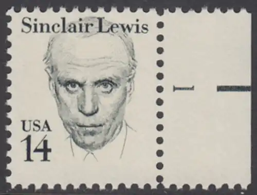 USA Michel 1731 / Scott 1856 postfrisch EINZELMARKE RAND rechts m/ Platten-# 1 - Amerikanische Persönlichkeiten: Sinclair Lewis (1885-1951), Schriftsteller, Nobelpreis 1930