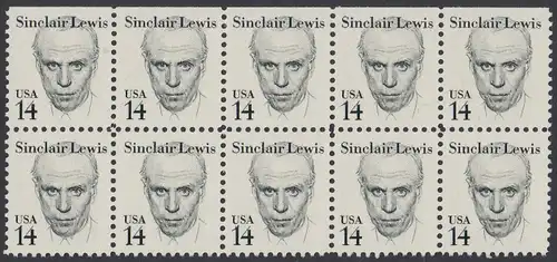 USA Michel 1731 / Scott 1856 postfrisch horiz.BLOCK(10) (oben ungezähnt) - Amerikanische Persönlichkeiten: Sinclair Lewis (1885-1951), Schriftsteller, Nobelpreis 1930