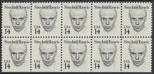 USA Michel 1731 / Scott 1856 postfrisch horiz.BLOCK(10) (unten ungezähnt) - Amerikanische Persönlichkeiten: Sinclair Lewis (1885-1951), Schriftsteller, Nobelpreis 1930
