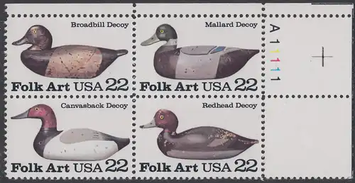 USA Michel 1732-1735 / Scott 2138-2141 postfrisch PLATEBLOCK ECKRAND oben rechts m/ Platten-# A111111 (b) - Volkskunst: Lockvögel