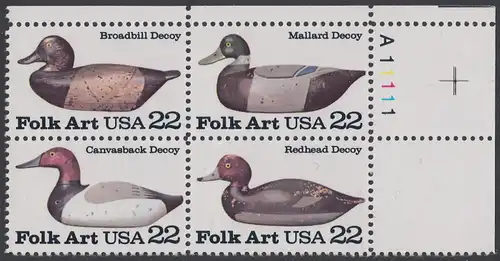 USA Michel 1732-1735 / Scott 2138-2141 postfrisch PLATEBLOCK ECKRAND oben rechts m/ Platten-# A111111 (c) - Volkskunst: Lockvögel