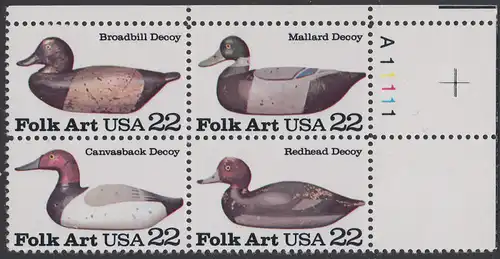 USA Michel 1732-1735 / Scott 2138-2141 postfrisch PLATEBLOCK ECKRAND oben rechts m/ Platten-# A111111 (a) - Volkskunst: Lockvögel