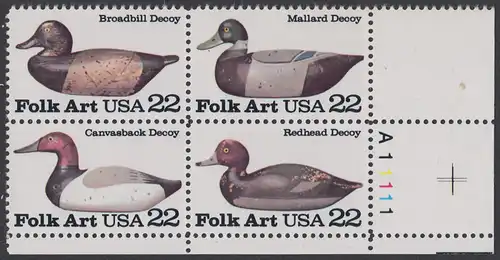 USA Michel 1732-1735 / Scott 2138-2141 postfrisch PLATEBLOCK ECKRAND unten rechts m/ Platten-# A111111 (b) - Volkskunst: Lockvögel