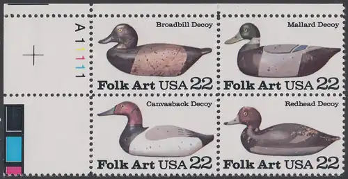 USA Michel 1732-1735 / Scott 2138-2141 postfrisch PLATEBLOCK ECKRAND oben links m/ Platten-# A111111 (a) - Volkskunst: Lockvögel
