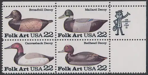 USA Michel 1732-1735 / Scott 2138-2141 postfrisch ZIP-BLOCK (ur) - Volkskunst: Lockvögel