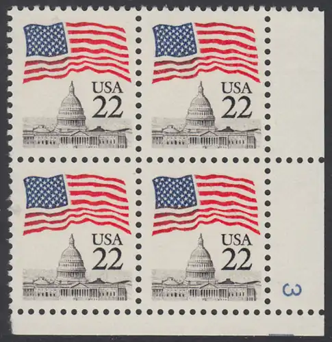 USA Michel 1738A / Scott 2114 postfrisch PLATEBLOCK ECKRAND unten rechts m/ Platten-# 3 - Flagge über dem Kapitol