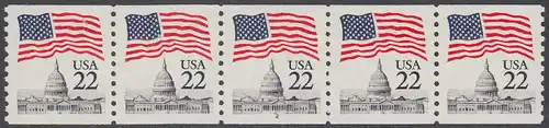 USA Michel 1738C / Scott 2115 postfrisch horiz.STRIP(5) (coils) m/ Zähl-# 2 - Flagge über dem Kapitol