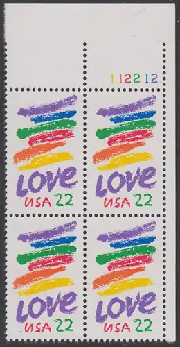 USA Michel 1746 / Scott 2143 postfrisch PLATEBLOCK ECKRAND oben rechts m/ Platten-# 112212 - Grußmarke: Striche, Love