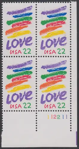 USA Michel 1746 / Scott 2143 postfrisch PLATEBLOCK ECKRAND unten rechts m/ Platten-# 112211 - Grußmarke: Striche, Love