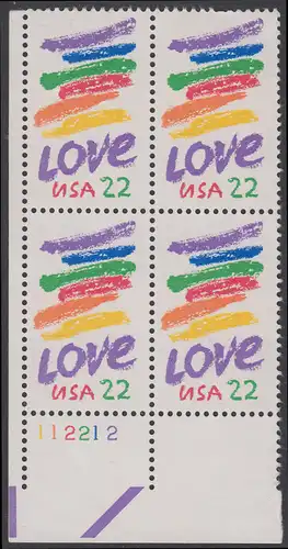 USA Michel 1746 / Scott 2143 postfrisch PLATEBLOCK ECKRAND unten links m/ Platten-# 112212 - Grußmarke: Striche, Love