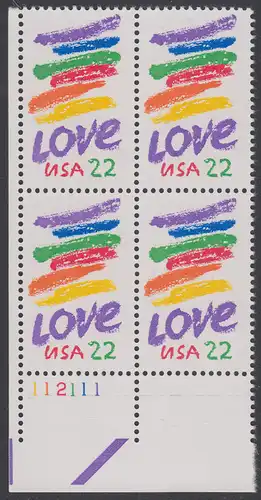 USA Michel 1746 / Scott 2143 postfrisch PLATEBLOCK ECKRAND unten links m/ Platten-# 112111 (a) - Grußmarke: Striche, Love