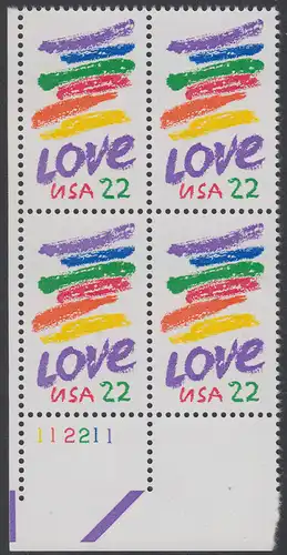 USA Michel 1746 / Scott 2143 postfrisch PLATEBLOCK ECKRAND unten links m/ Platten-# 112211 - Grußmarke: Striche, Love