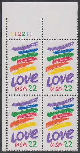 USA Michel 1746 / Scott 2143 postfrisch PLATEBLOCK ECKRAND oben links m/ Platten-# 112211 (d) - Grußmarke: Striche, Love