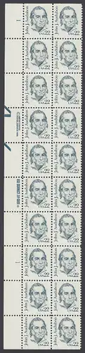USA Michel 1749 / Scott 1863 postfrisch vert.PLATEBLOCK(20) ECKRAND oben links m/ Platten-# 1 - Amerikanische Persönlichkeiten: John James Audubon (1785-1851), Zeichner