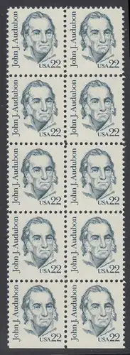 USA Michel 1749 / Scott 1863 postfrisch vert.BLOCK(10) (unten ungezähnt) - Amerikanische Persönlichkeiten: John James Audubon (1785-1851), Zeichner
