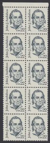 USA Michel 1749 / Scott 1863 postfrisch vert.BLOCK(10) RÄNDER oben - Amerikanische Persönlichkeiten: John James Audubon (1785-1851), Zeichner
