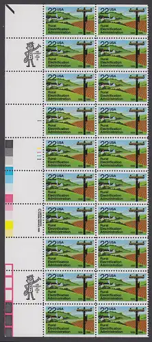 USA Michel 1752 / Scott 2144 postfrisch vert.PLATEBLOCK(20) RÄNDER links m/ Platten-# 1111 (a1) - 50 Jahre Amt für die Elektrifizierung der ländlichen Gebiete