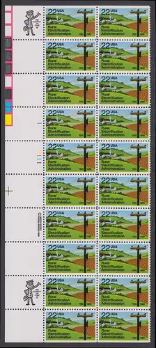 USA Michel 1752 / Scott 2144 postfrisch vert.PLATEBLOCK(20) RÄNDER links m/ Platten-# 1111 (a2) - 50 Jahre Amt für die Elektrifizierung der ländlichen Gebiete